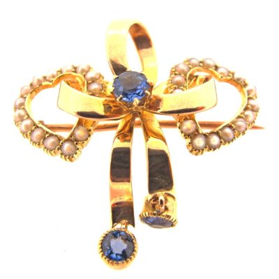 Antique Gold, Sapphire & Pearl Bow & Heart Brooch