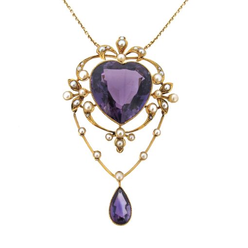 Amethyst & Seed Pearl Heart Necklace